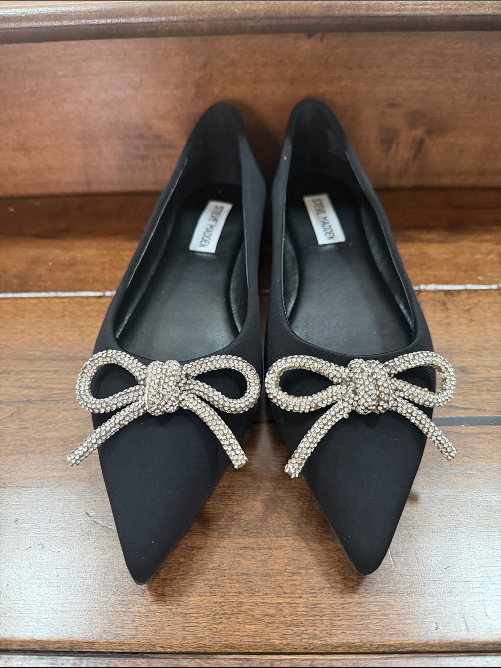 Steve Madden Elina Black Pointed Flats with Crystal Bow Accent NWT